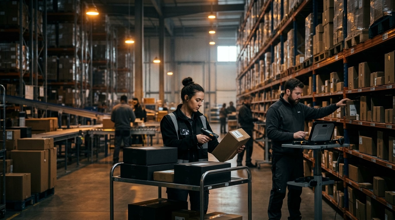 Modern ecommerce logistics fulfillment center with warehouse operators